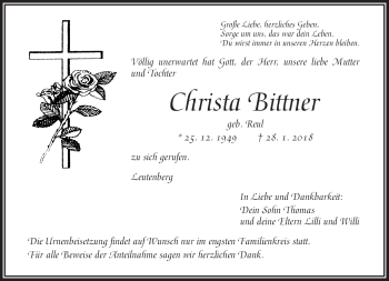 Traueranzeige von Christa Bittner von Frankenpost