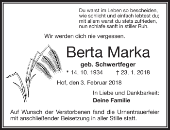 Traueranzeige von Berta Marka von Frankenpost