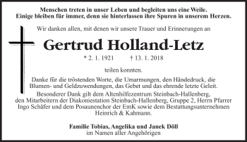 Traueranzeige von Gertrud Holland-Letz von Südthüringer Presse