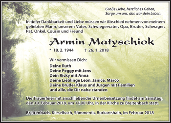 Traueranzeige von Armin Matyschiok von Südthüringer Presse