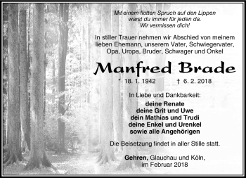 Traueranzeige von Manfred Brade von Südthüringer Presse