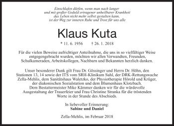 Traueranzeige von Klaus Kuta von Südthüringer Presse