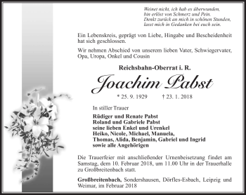Traueranzeige von Joachim Pabst von Südthüringer Presse