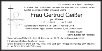 Traueranzeige von Gertrud Geißer von Frankenpost