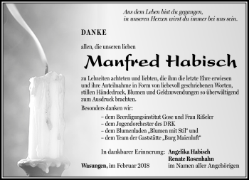 Traueranzeige von Manfred Habisch von Südthüringer Presse