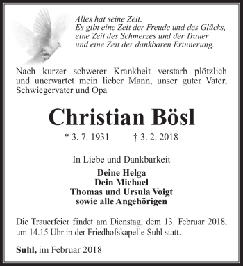 Traueranzeige von Christian Bösl von Südthüringer Presse