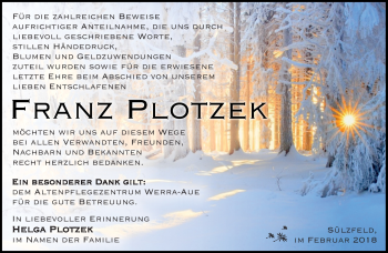Traueranzeige von Franz Plotzek von Südthüringer Presse