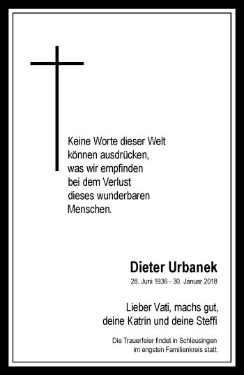 Traueranzeige von Dieter Urbanek von Südthüringer Presse