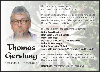 Traueranzeige von Thomas Gerstung von Südthüringer Presse