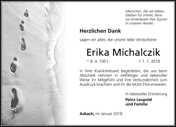 Traueranzeige von Erika Michalczik von Südthüringer Presse