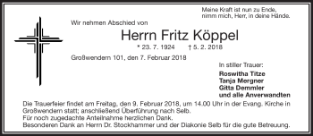 Traueranzeige von Fritz Köppel von Frankenpost