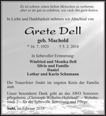 Traueranzeige von Grete Dell von Südthüringer Presse