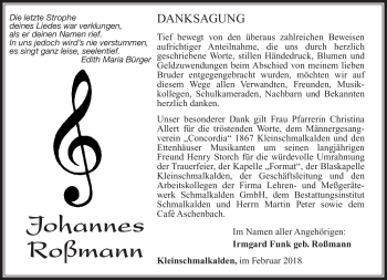 Traueranzeige von Johannes Roßmann von Südthüringer Presse