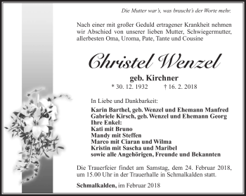 Traueranzeige von Christel Wenzel von Südthüringer Presse