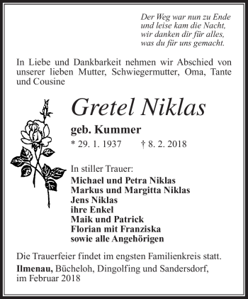 Traueranzeige von Gretel Niklas von Südthüringer Presse