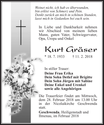 Traueranzeige von Kurt Gräser von Südthüringer Presse
