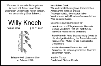 Traueranzeige von Willy Knoch von Neue Presse Coburg