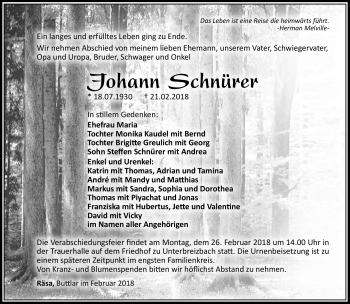 Traueranzeige von Johann Schnürer von Südthüringer Presse