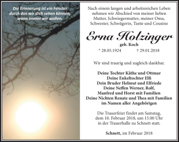 Traueranzeige von Erna Holzinger von Südthüringer Presse