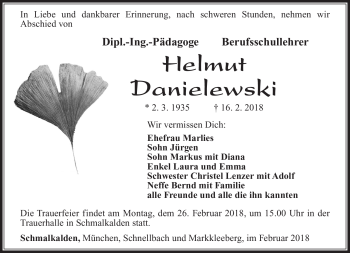 Traueranzeige von Helmut Danielewski von Südthüringer Presse