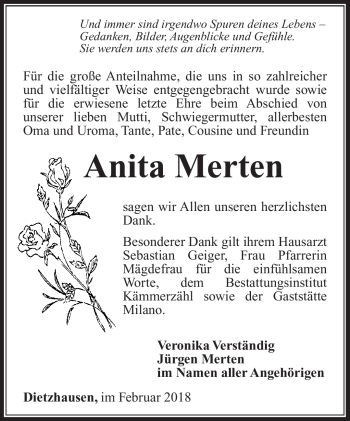 Traueranzeige von Anita Merten von Südthüringer Presse