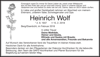 Traueranzeige von Heinrich Wolf von Frankenpost