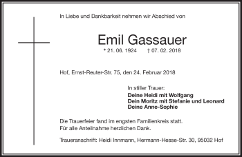 Traueranzeige von Emil Gassauer von Frankenpost