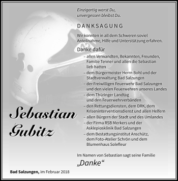 Traueranzeige von Sebastian Gubitz von Südthüringer Presse