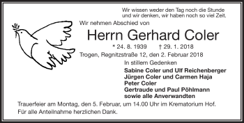 Traueranzeige von Gerhard Coler von Frankenpost