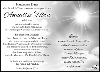 Traueranzeige von Annalise Hirn von Südthüringer Presse