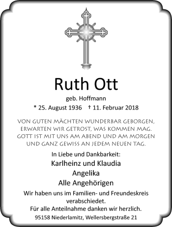 Traueranzeige von Ruth Ott von Frankenpost