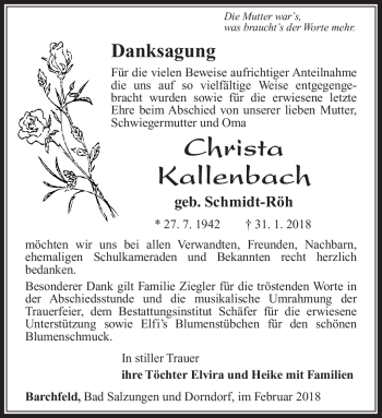 Traueranzeige von Christa Kallenbach von Südthüringer Presse