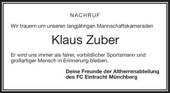 Traueranzeige von Klaus Zuber von Frankenpost