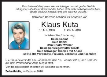Traueranzeige von Klaus Kuta von Südthüringer Presse