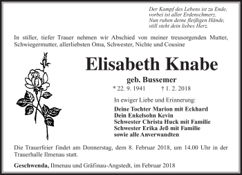 Traueranzeige von Elisabeth Knabe von Südthüringer Presse