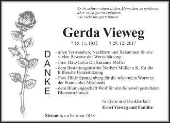Traueranzeige von Gerda Vieweg von Südthüringer Presse