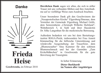 Traueranzeige von Frieda Heise von Südthüringer Presse