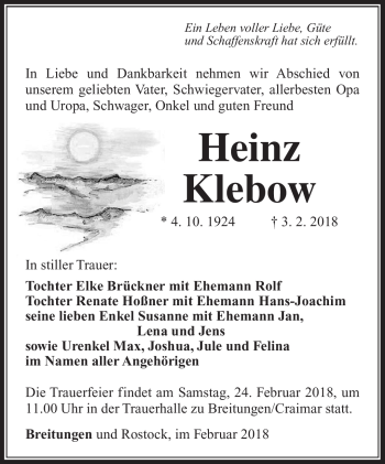 Traueranzeige von Heinz Klebow von Südthüringer Presse