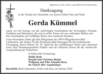 Traueranzeige von Gerda Kümmel von Südthüringer Presse