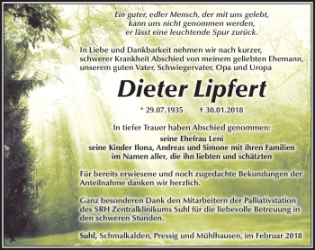Traueranzeige von Dieter Lipfert von Südthüringer Presse