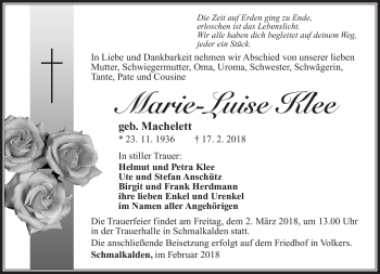 Traueranzeige von Marie-Luise Klee von Südthüringer Presse