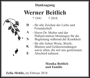 Traueranzeige von Werner Beitlich von Südthüringer Presse