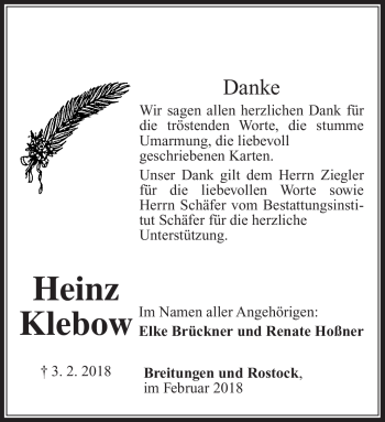 Traueranzeige von Heinz Klebow von Südthüringer Presse