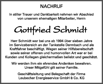 Traueranzeige von Gottfried Schmidt von Südthüringer Presse