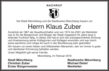 Traueranzeige von Klaus Zuber von Frankenpost