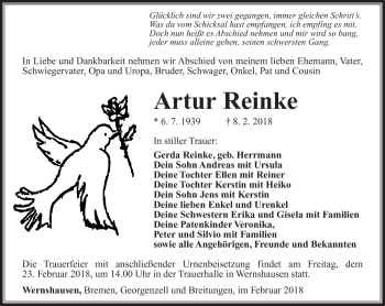 Traueranzeige von Artur Reinke von Südthüringer Presse