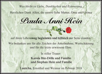 Traueranzeige von Paula Anni Hein von Südthüringer Presse