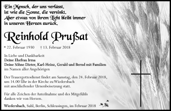 Traueranzeige von Reinhold Prußat von Südthüringer Presse