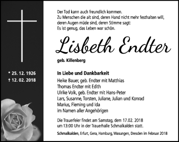 Traueranzeige von Lisbeth Endter von Südthüringer Presse