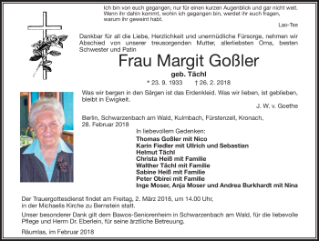 Traueranzeige von Margit Goßler von Frankenpost